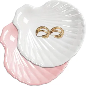 2 PCS Shell Shape Dish Ring Holder,White and Pink Ceramic Trinket Jewelry Earring Necklace Tray for Home Bathroom Decoration Christmas Gift