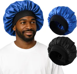 2PCS Satin Bonnet for Men Sleeping, Soft Hair Cap for Locs Dreads Braids, Lightweight Night Bonnet for Curly Hair Protection(Black Blue)
