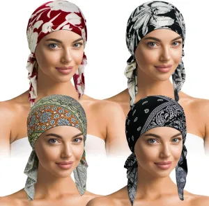 4 Pieces Soft Cotton Chemo Headwear for Women, Stretch Pre-Tied Chemo Head Scarves for Cancer