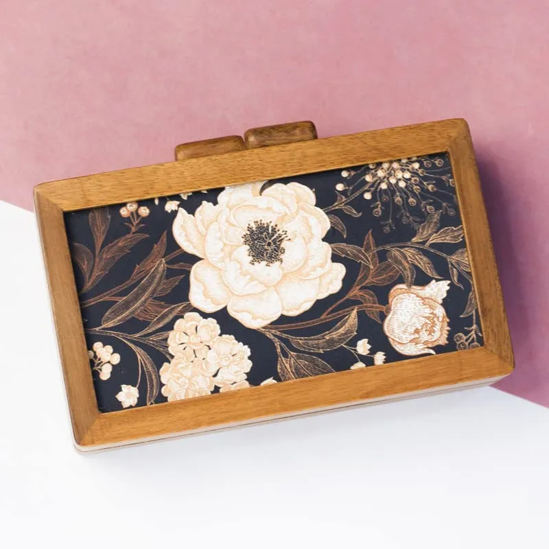 Artklim Bold Black Floral Printed Wooden Clutch