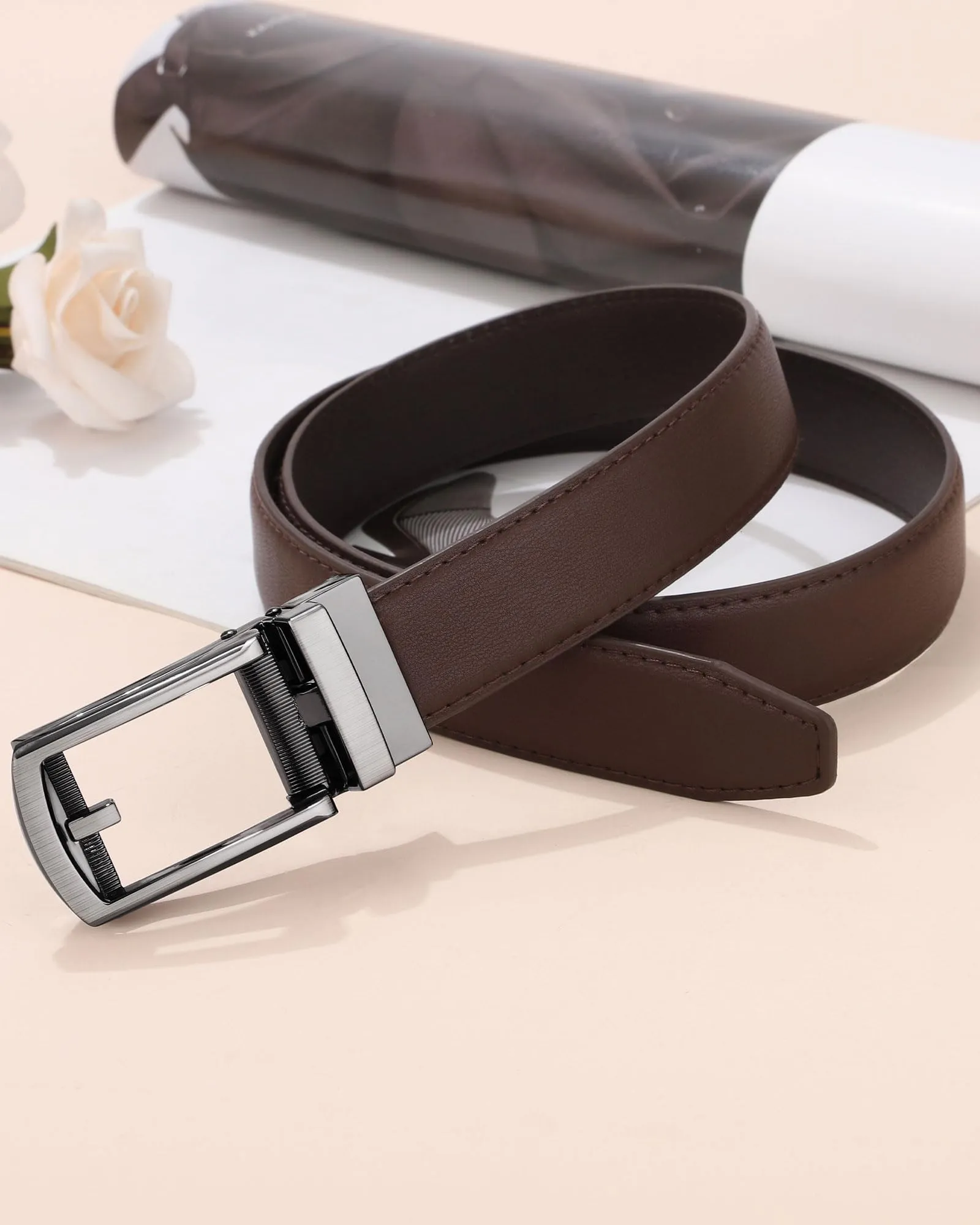 AWAYTR Boys Ratchet Belt for Kids - Black and Brown Leather Belts for Dress Pants Uniform Jeans (90cm,Gunmetal-Coffee)