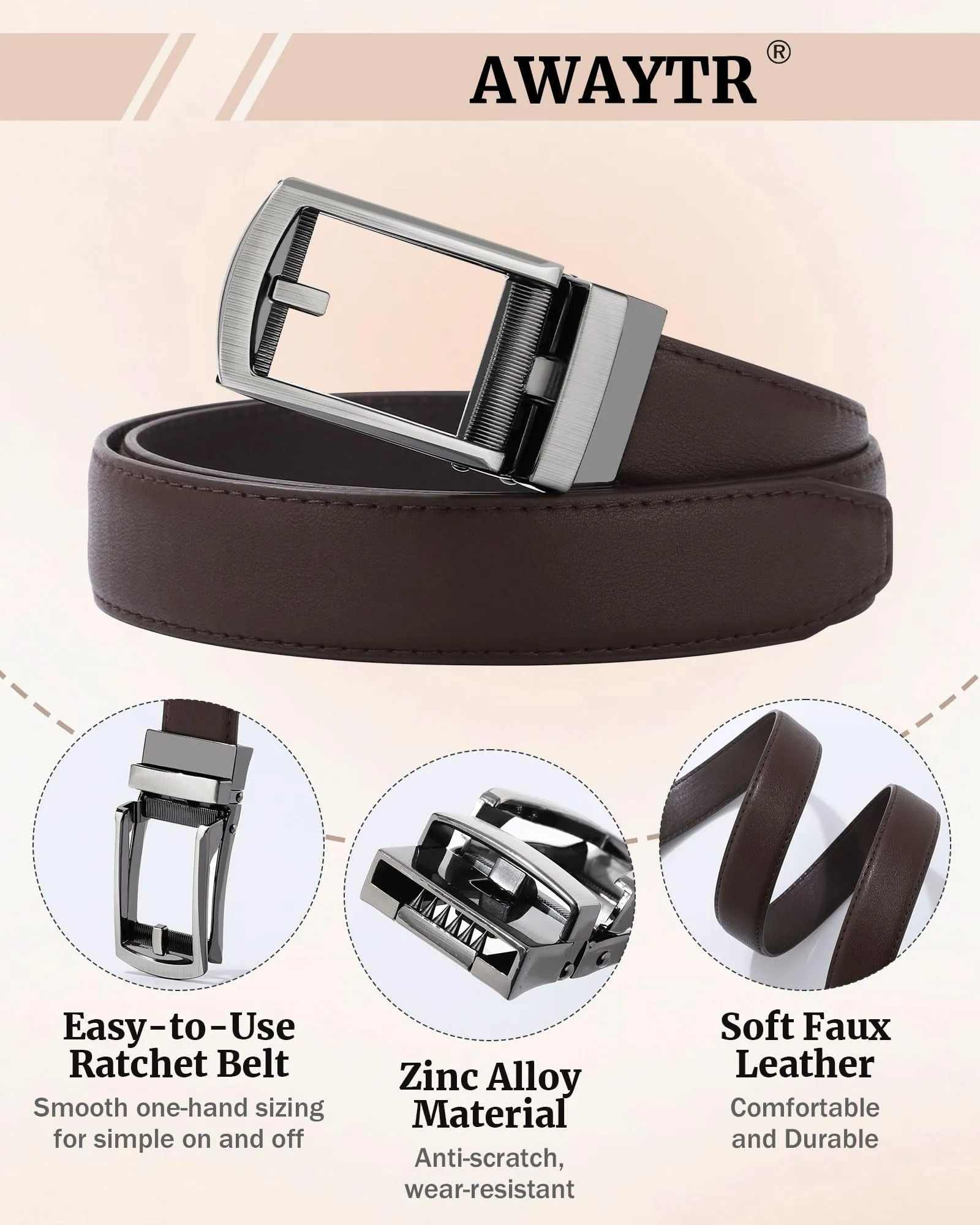 AWAYTR Boys Ratchet Belt for Kids - Black and Brown Leather Belts for Dress Pants Uniform Jeans (90cm,Gunmetal-Coffee)