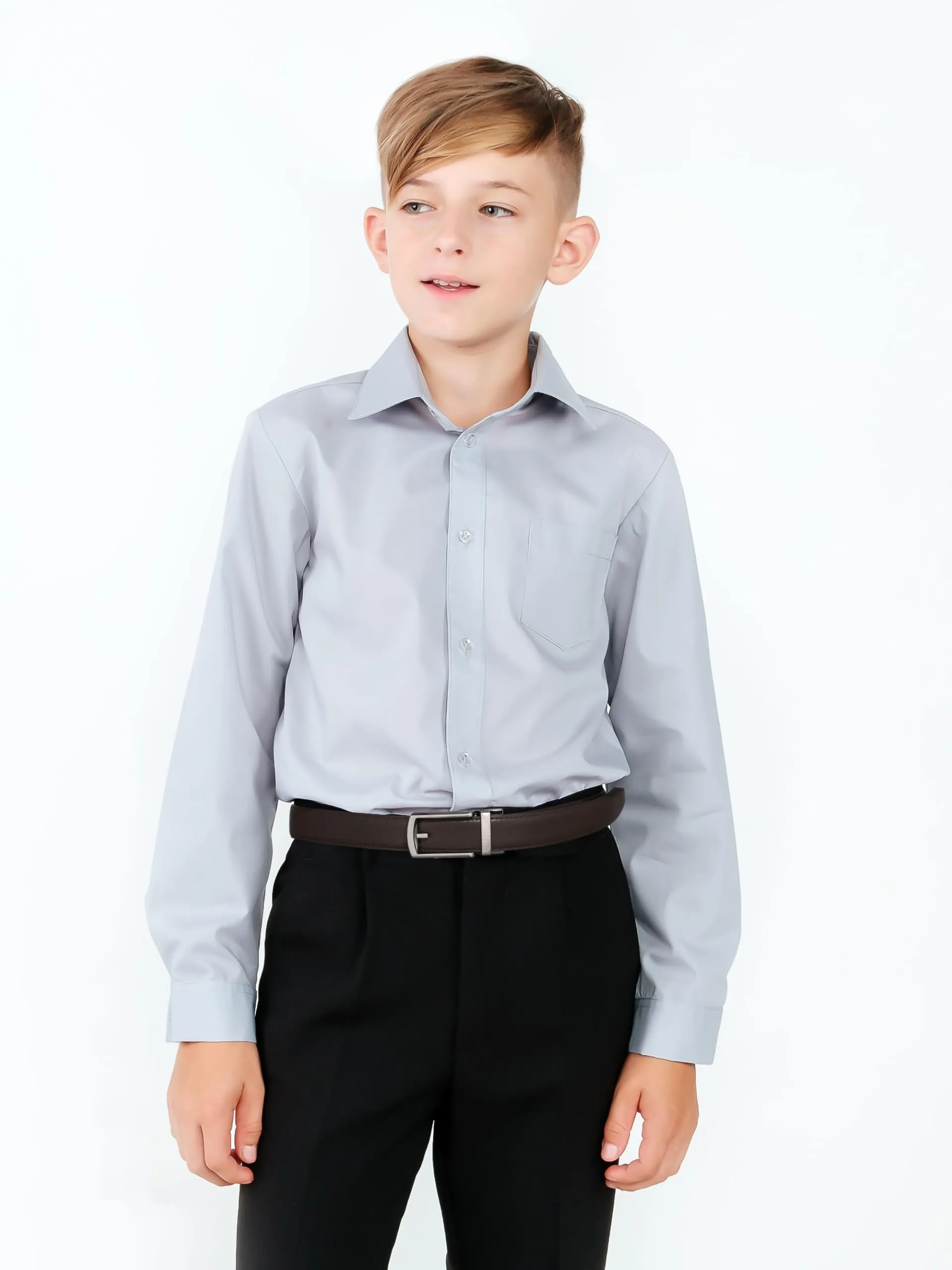 AWAYTR Boys Ratchet Belt for Kids - Black and Brown Leather Belts for Dress Pants Uniform Jeans (90cm,Gunmetal-Coffee)