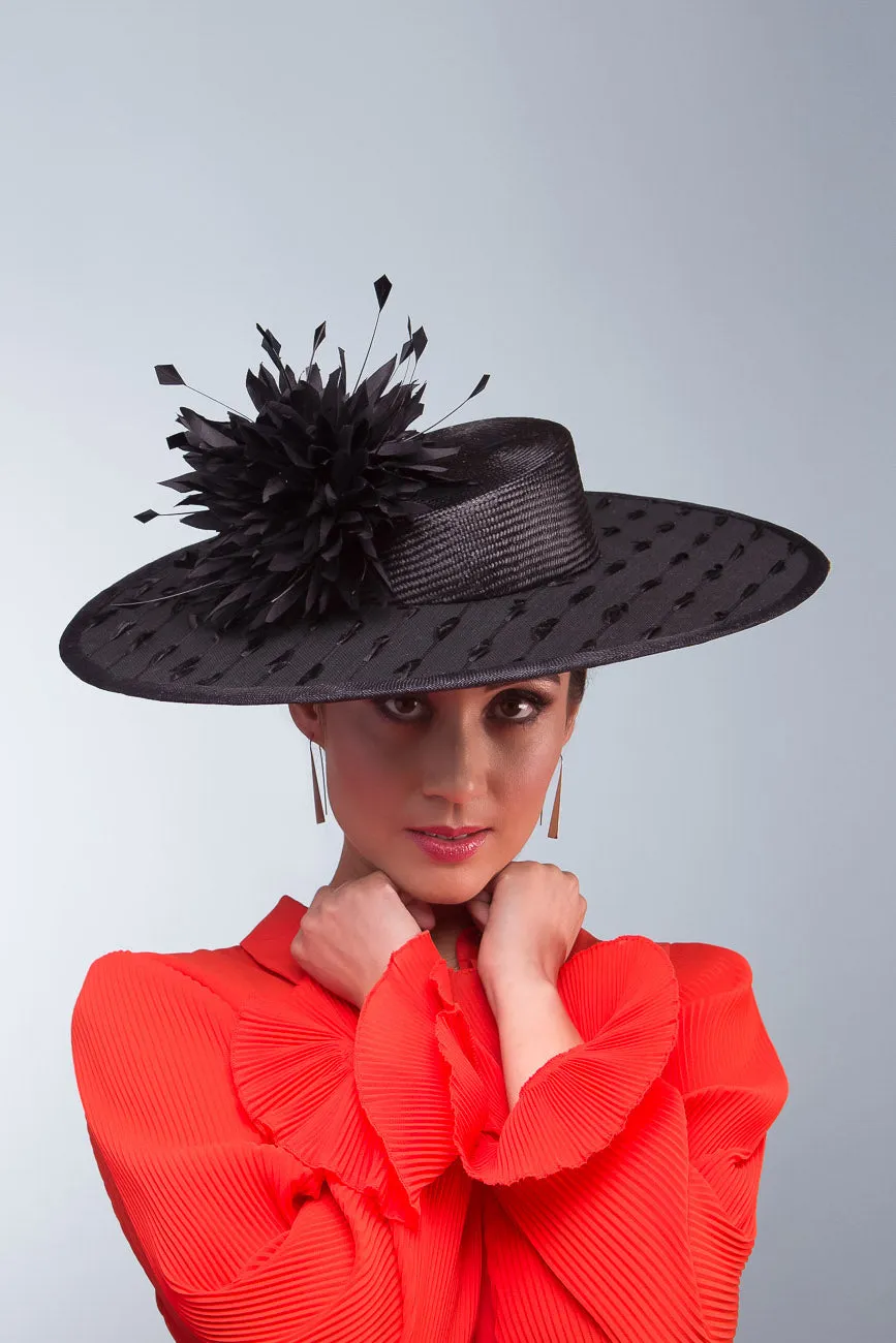 Black Boater with Chrysanthemum Pom Poms