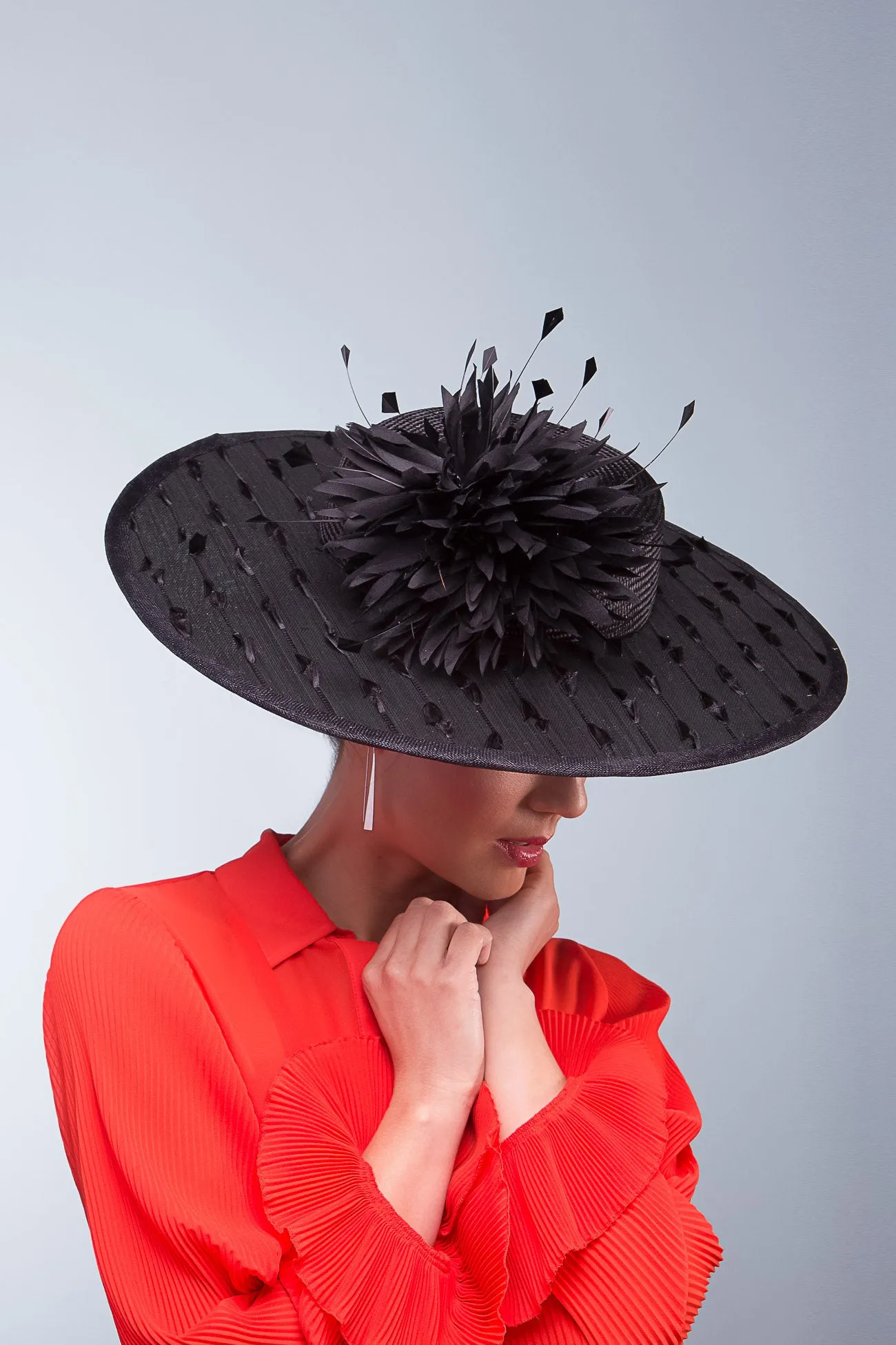 Black Boater with Chrysanthemum Pom Poms