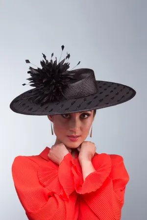 Black Boater with Chrysanthemum Pom Poms