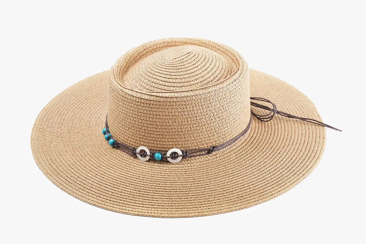 Brianna Wide Brim Boater Hat w/ Beaded Trim