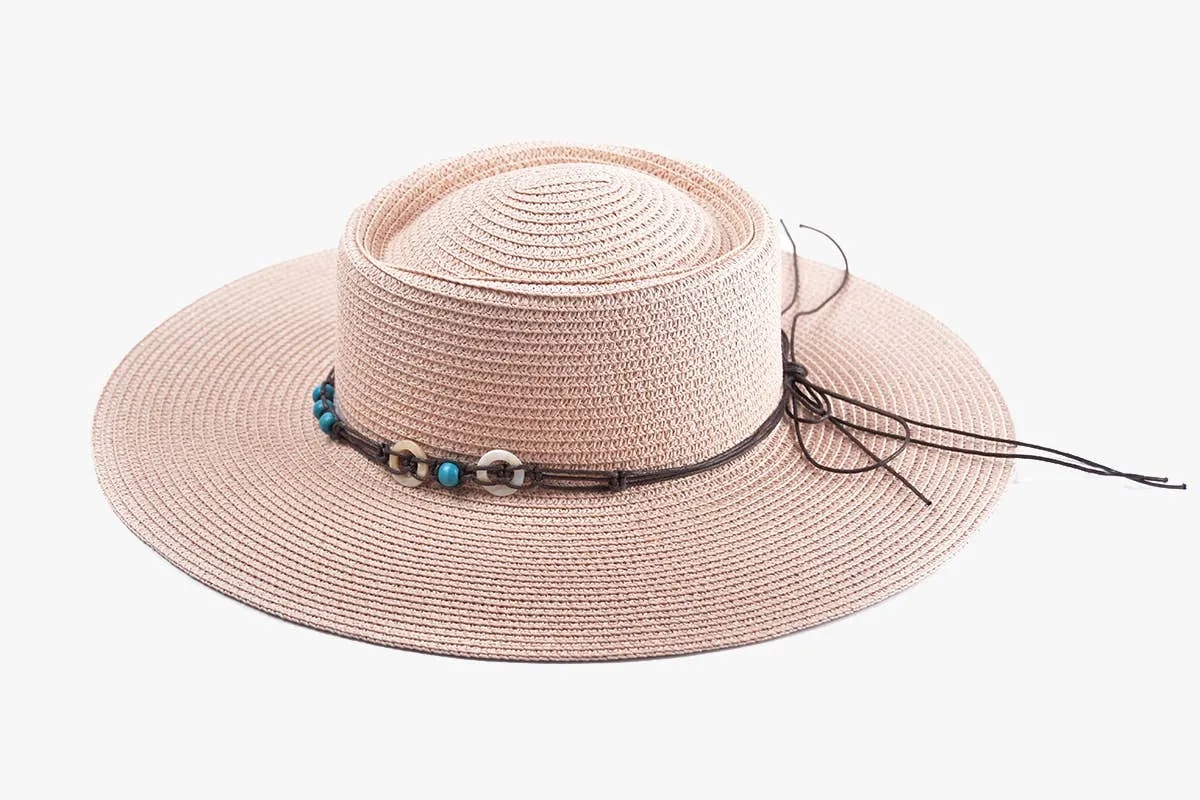 Brianna Wide Brim Boater Hat w/ Beaded Trim