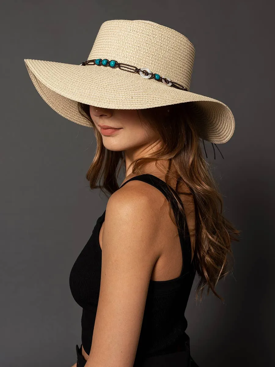Brianna Wide Brim Boater Hat w/ Beaded Trim