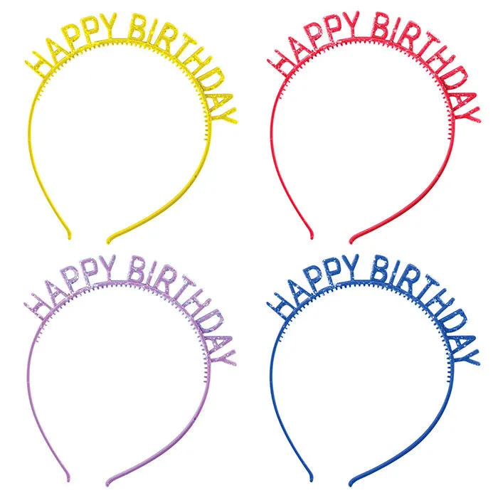 Bulk Assorted Colors Happy Birthday Headbands with Glitter (48 per Case)