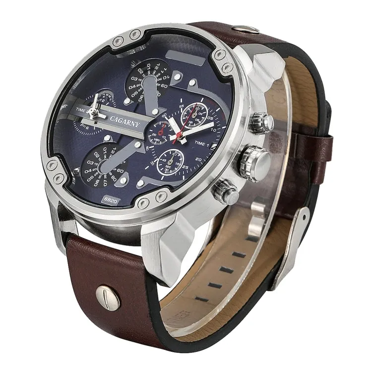 CAGARNY 6820 Fashionable Multifunctional Style Quartz Business Sport Wrist Watch with Leather Band & GMT Time & Calendar & Luminous Display for Men(Brown Band White Window)