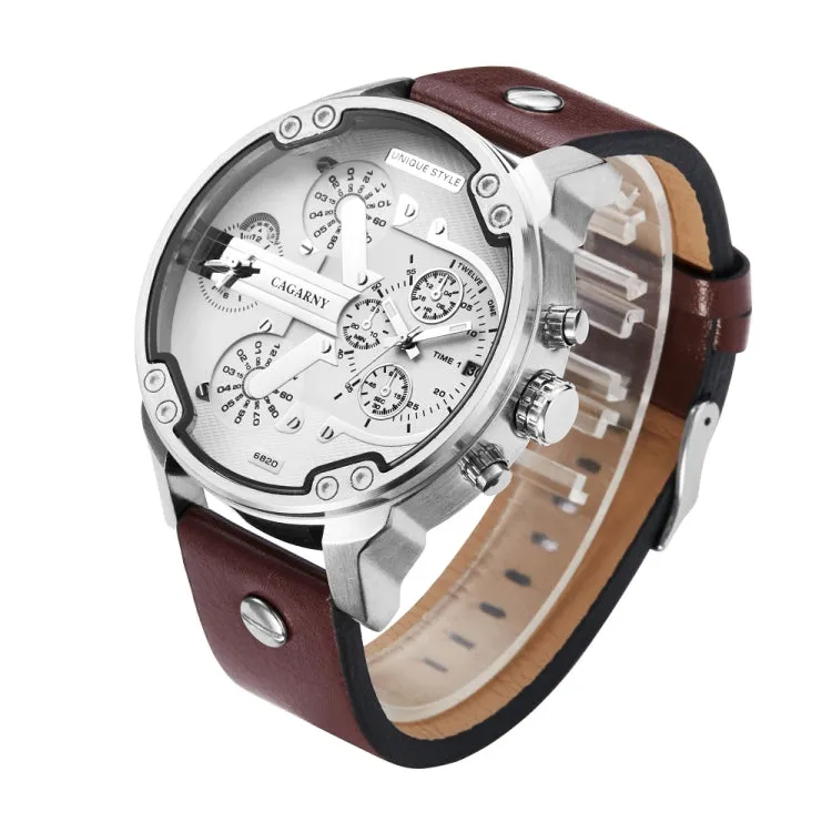 CAGARNY 6820 Fashionable Multifunctional Style Quartz Business Sport Wrist Watch with Leather Band & GMT Time & Calendar & Luminous Display for Men(Brown Band White Window)