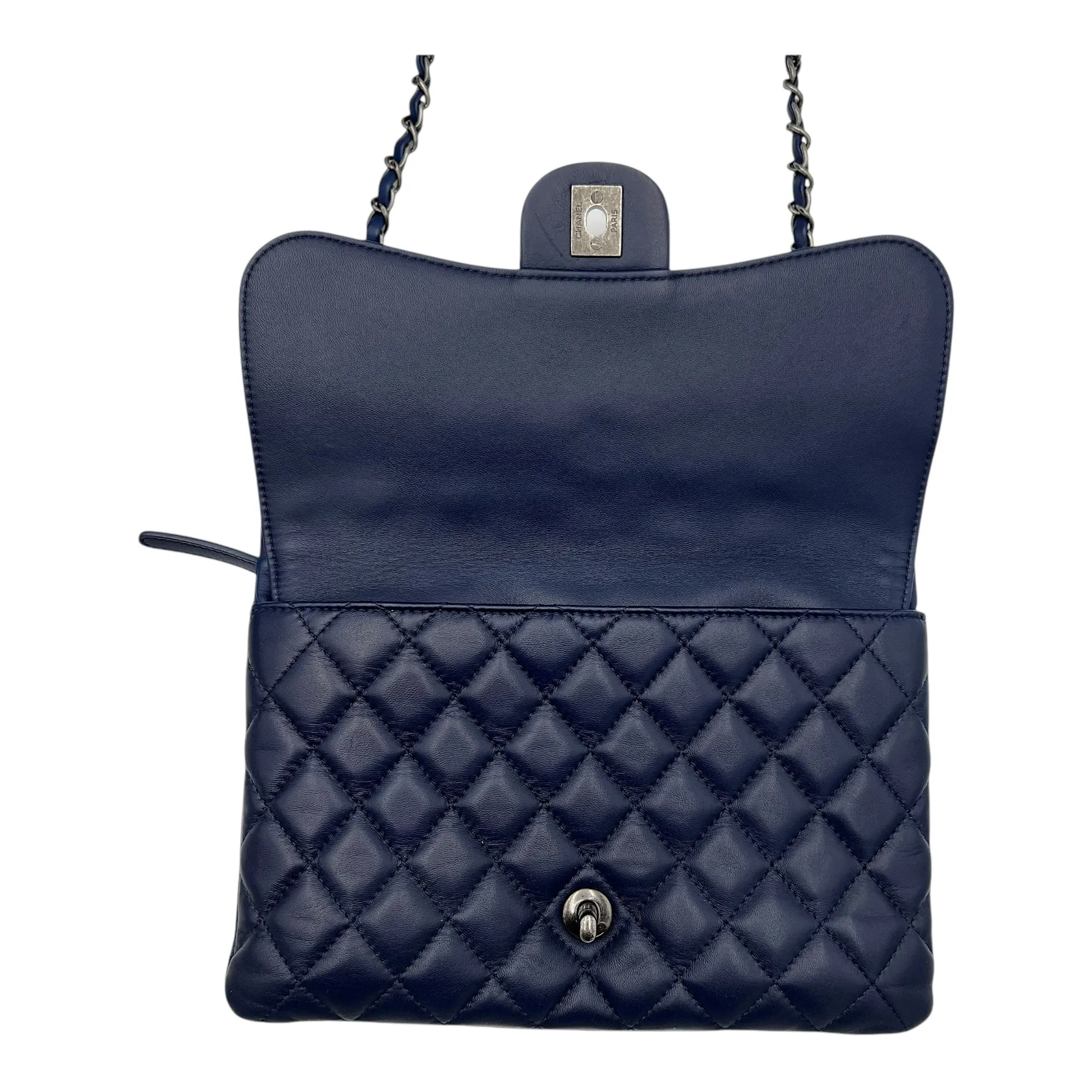 Chain Flap Blue Crossbody Bag in Lambskin, Ruthenium hardware
