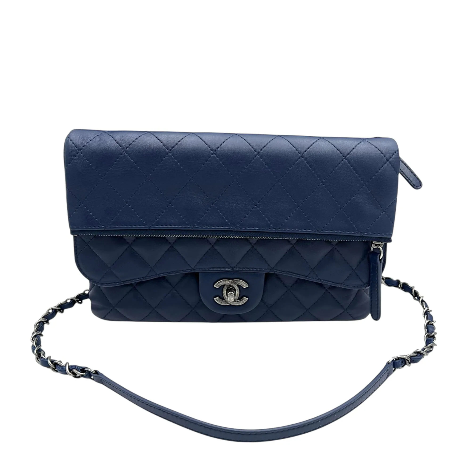 Chain Flap Blue Crossbody Bag in Lambskin, Ruthenium hardware