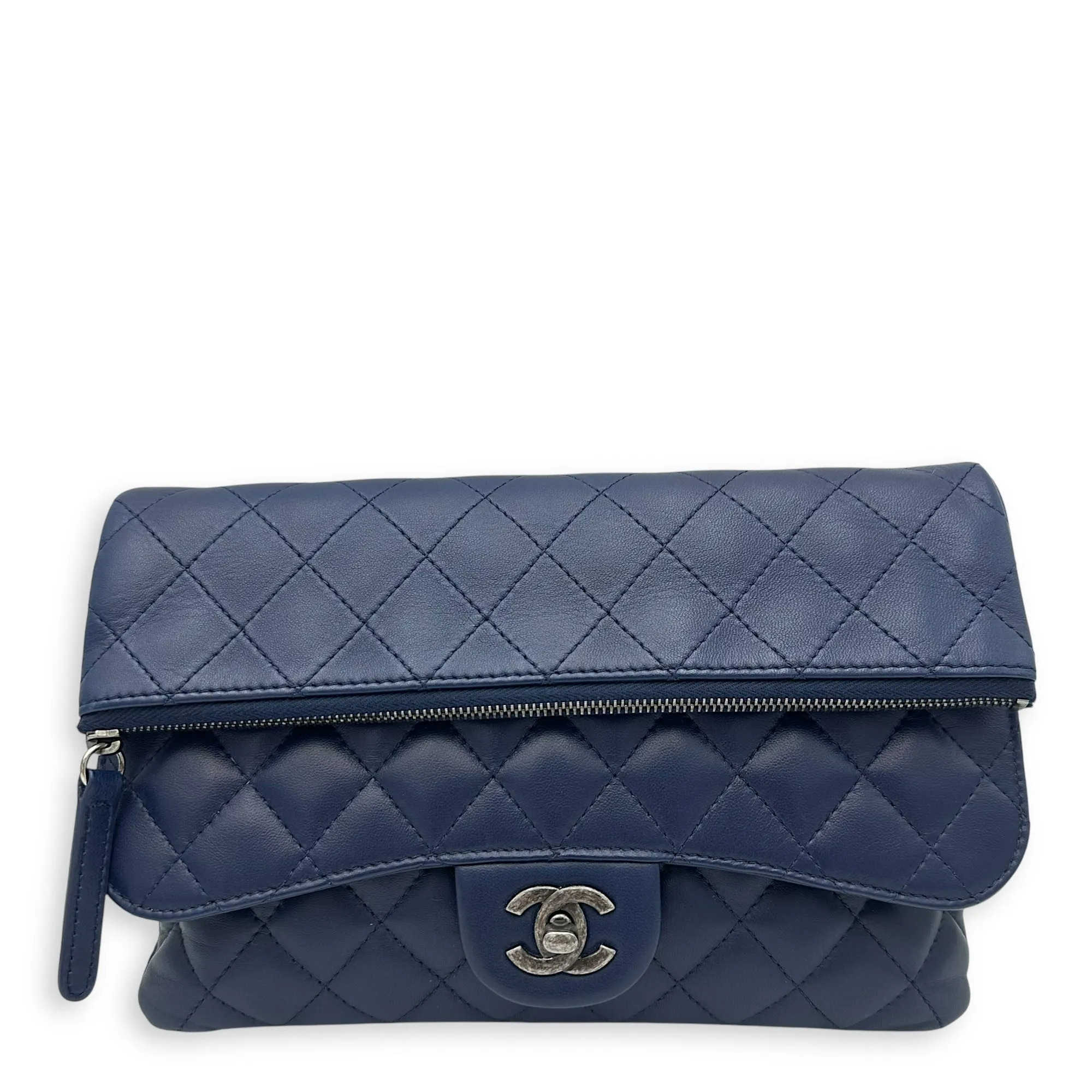 Chain Flap Blue Crossbody Bag in Lambskin, Ruthenium hardware