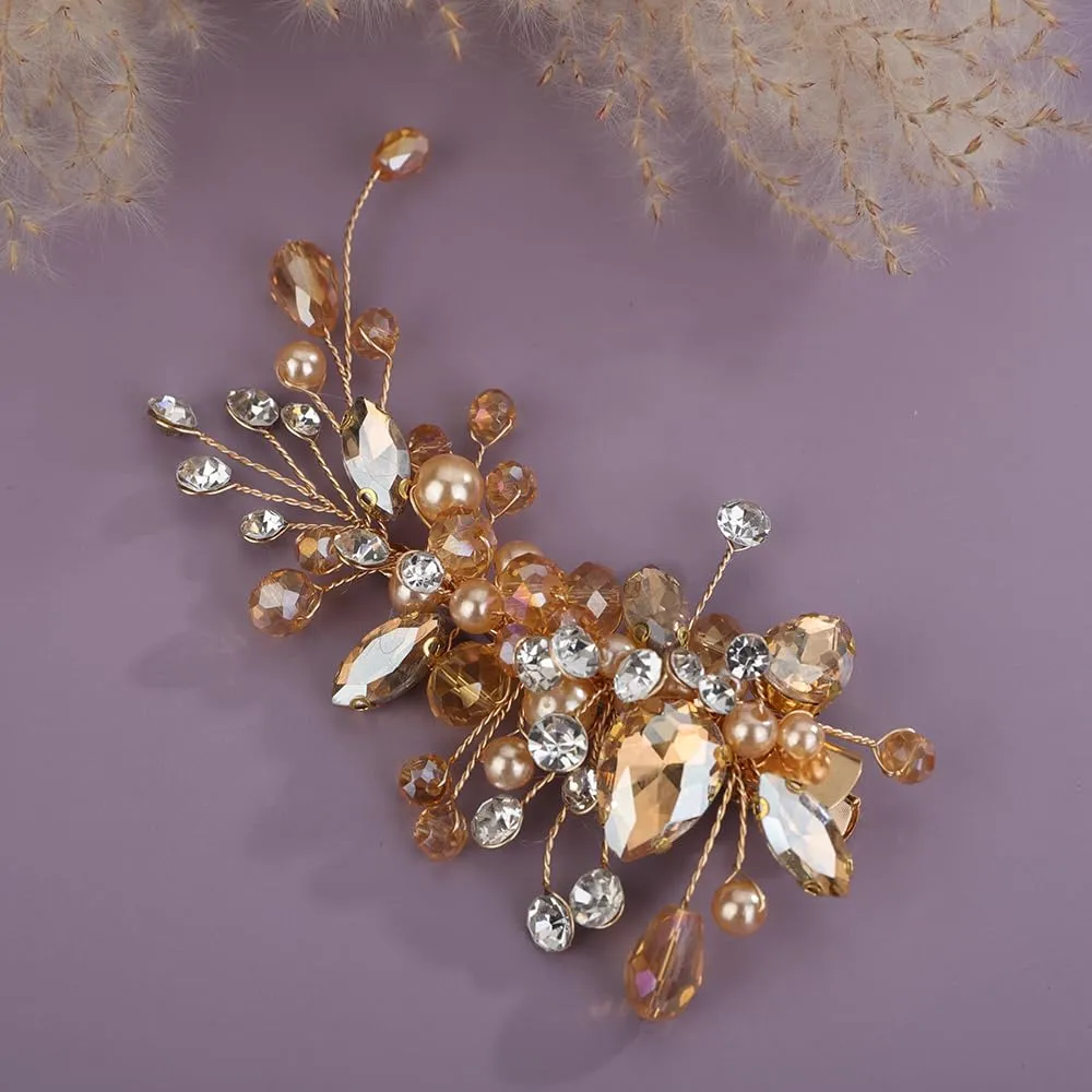 Champagne Crystal Hair Clip for Women Wedding Bridal Handmade Hair Accessories Side Headpiece Jewelry (Champagne)