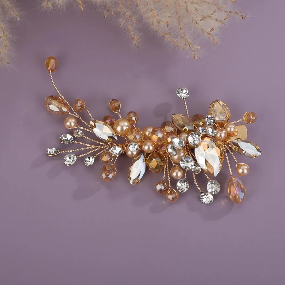 Champagne Crystal Hair Clip for Women Wedding Bridal Handmade Hair Accessories Side Headpiece Jewelry (Champagne)