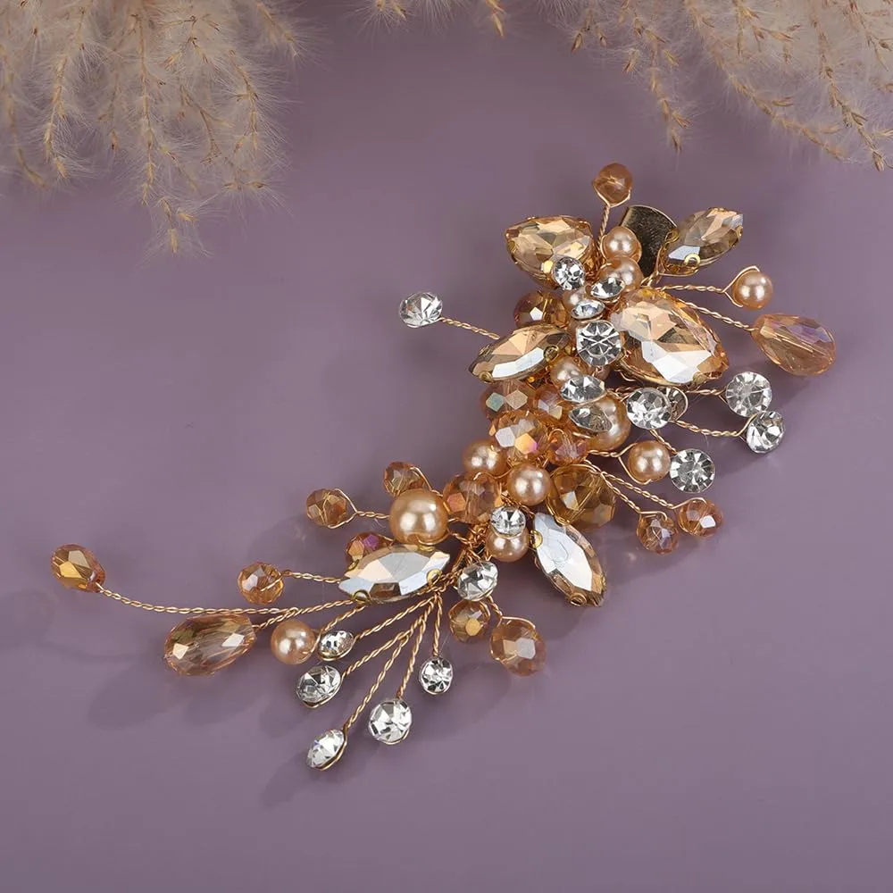 Champagne Crystal Hair Clip for Women Wedding Bridal Handmade Hair Accessories Side Headpiece Jewelry (Champagne)