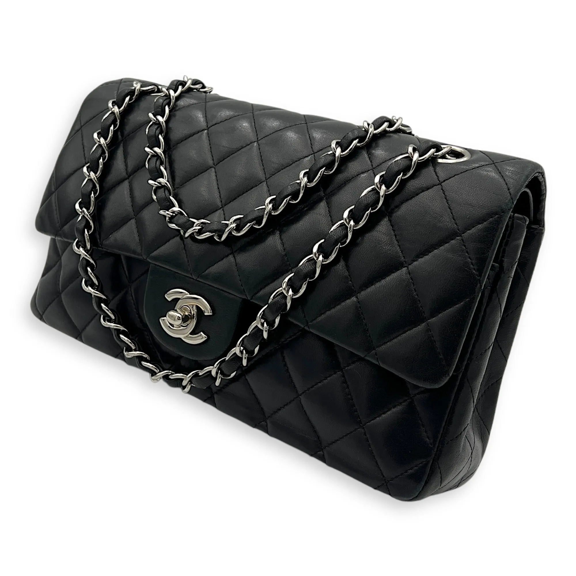 Classic Medium Black Crossbody Bag in Lambskin, Silver hardware