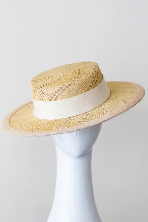 Cream and Natural Open Weave Straw Boater