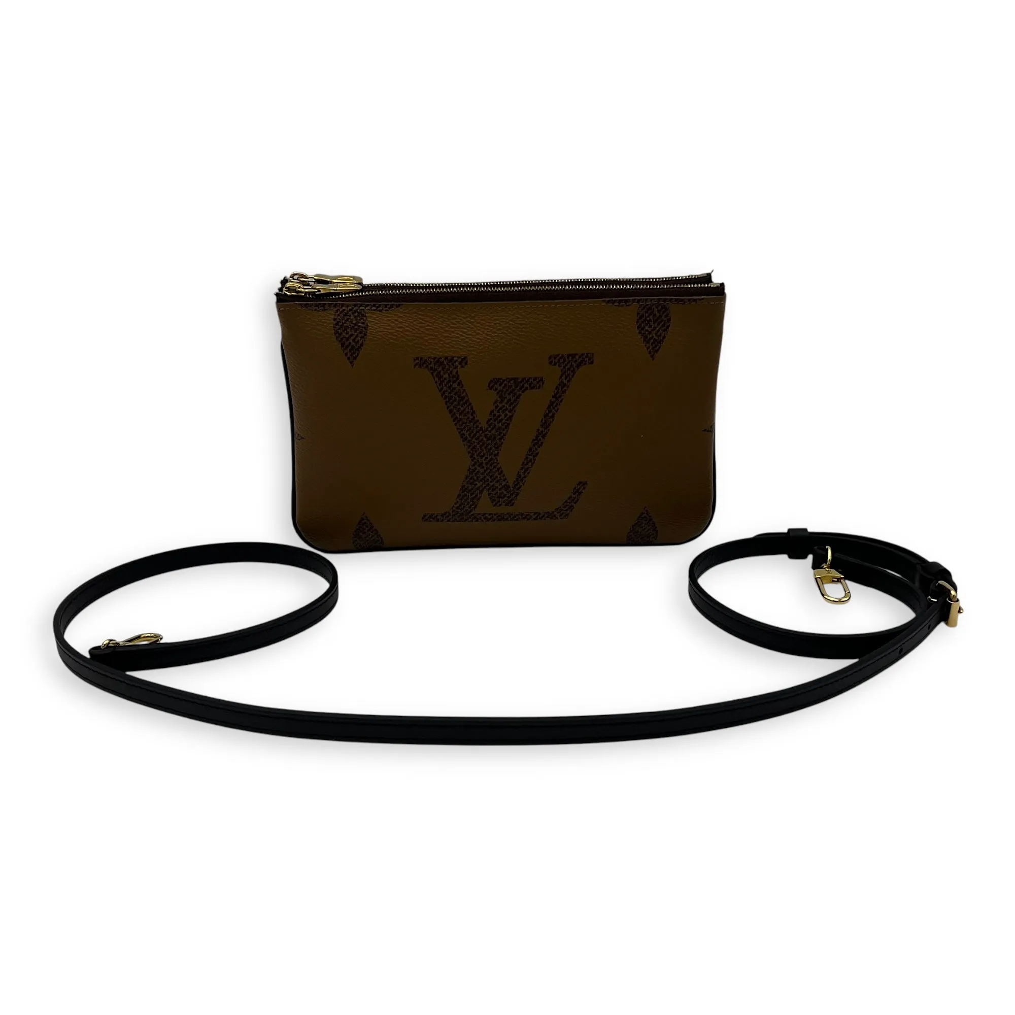 Double Zip Reverse Crossbody Bag Brown in Coated Canvas, Gold hardware