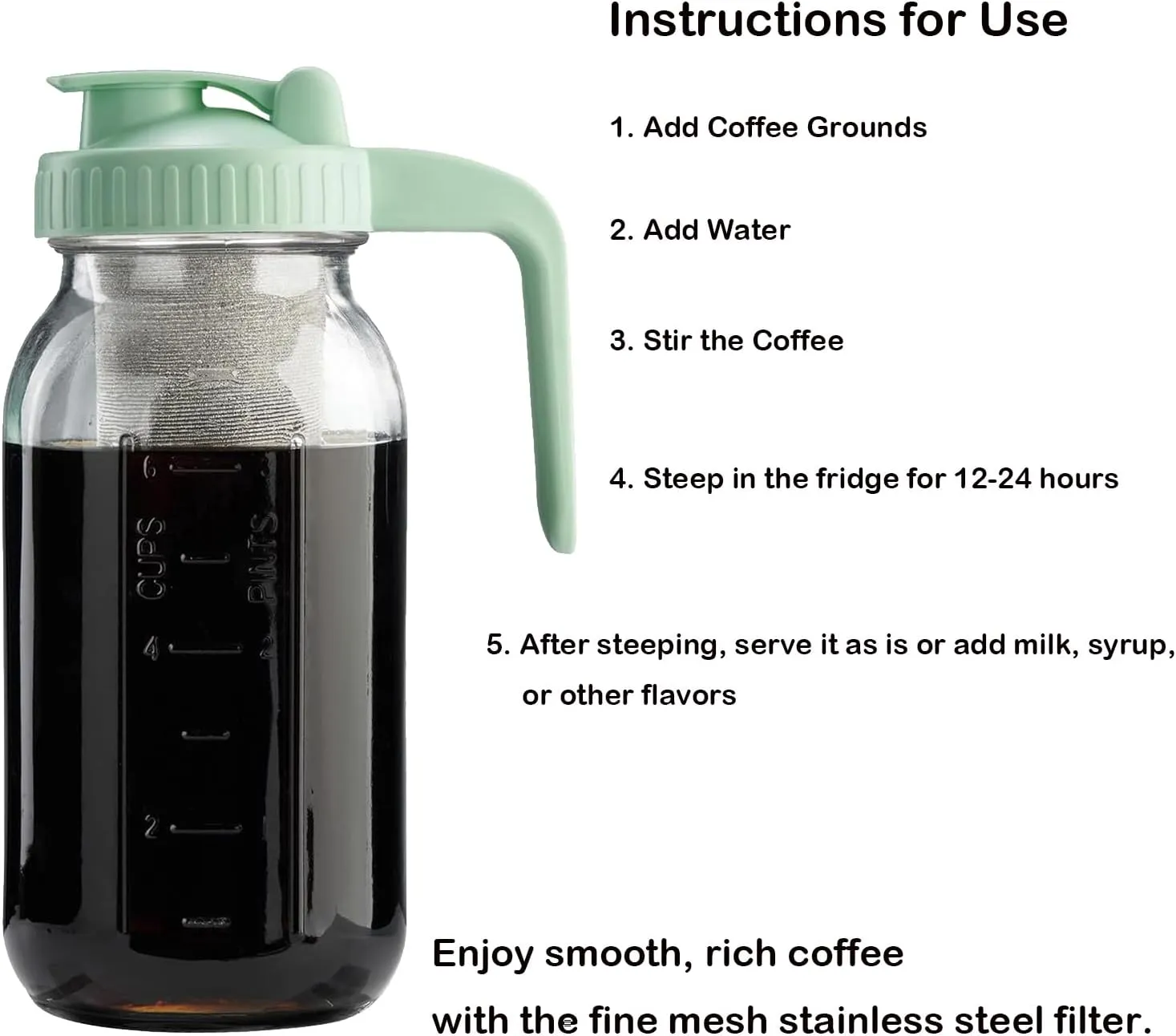 Fermus Cold Brew Coffee Filter for 32oz / 1Quart Wide Mouth Mason Jar Infuser 304 Stainless Steel Strainer with Seal Ring Design for Grounds Tea Fruit Coffee Filter (32 Ounces Mason Jar Filter)