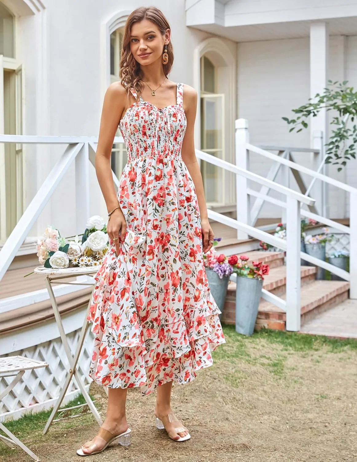 GRACE KARIN Women's 2025 Summer Floral Boho Dress Square Neck Strapped Swing A Line Sundress Beach Long Maxi Outfits