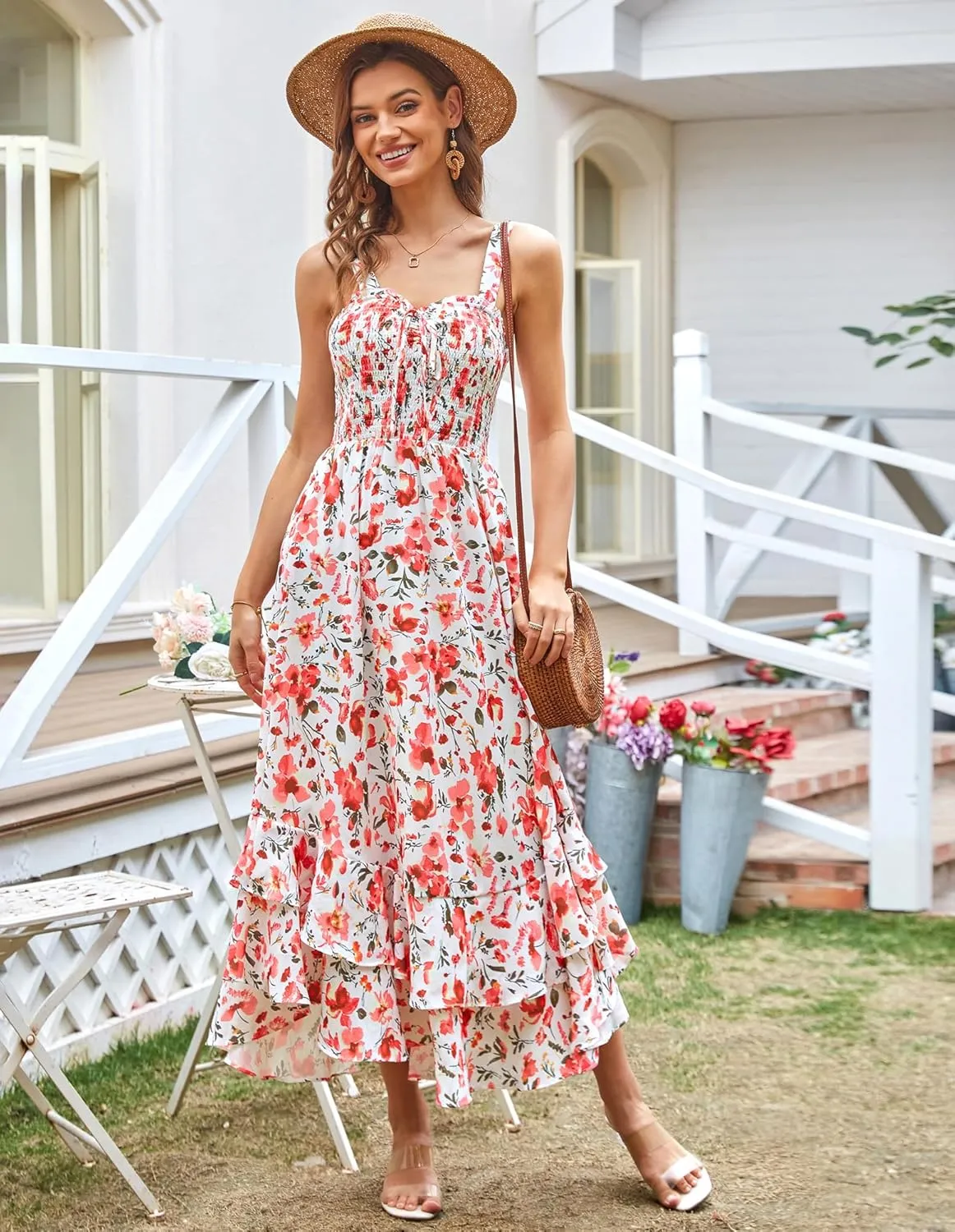 GRACE KARIN Women's 2025 Summer Floral Boho Dress Square Neck Strapped Swing A Line Sundress Beach Long Maxi Outfits