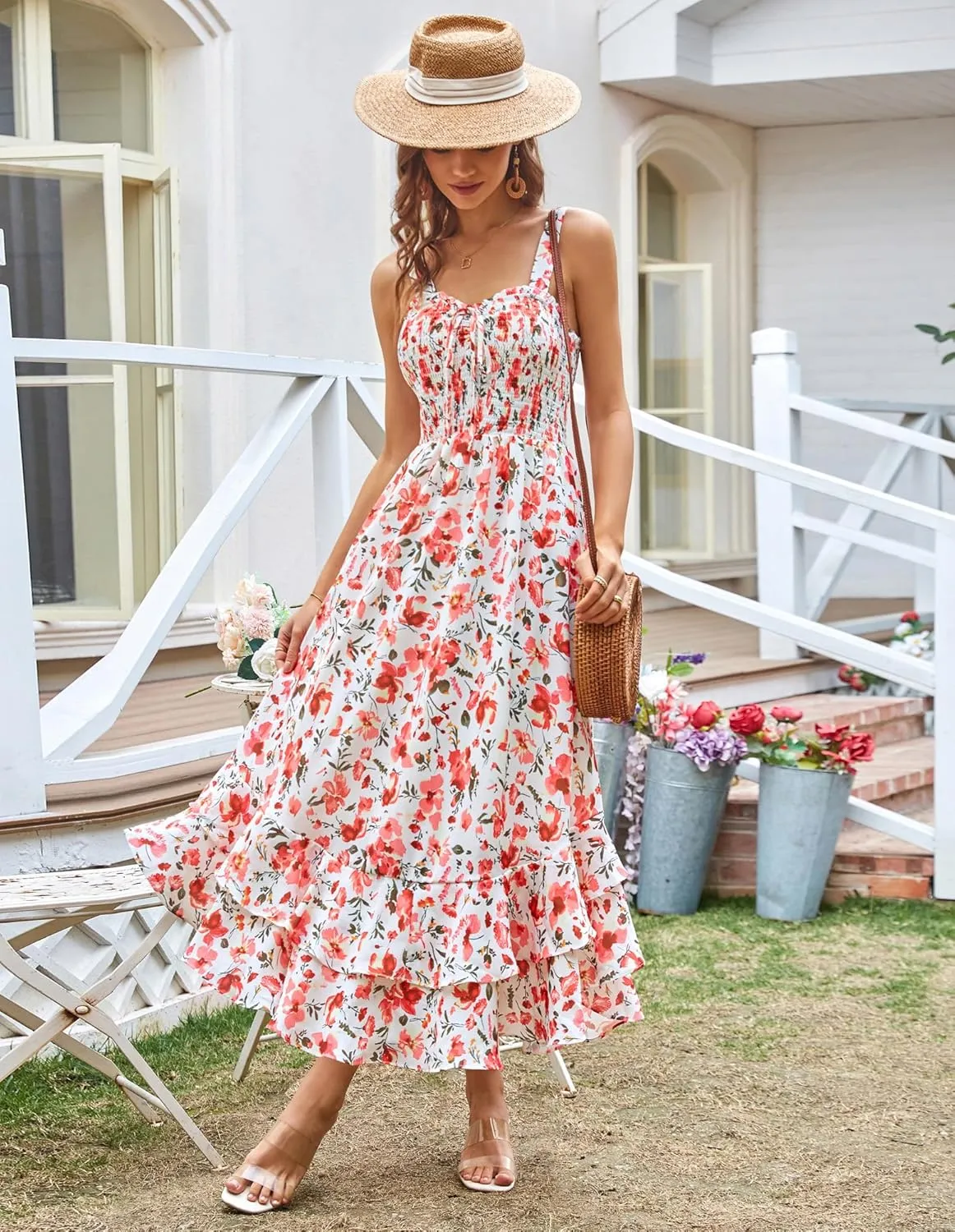 GRACE KARIN Women's 2025 Summer Floral Boho Dress Square Neck Strapped Swing A Line Sundress Beach Long Maxi Outfits