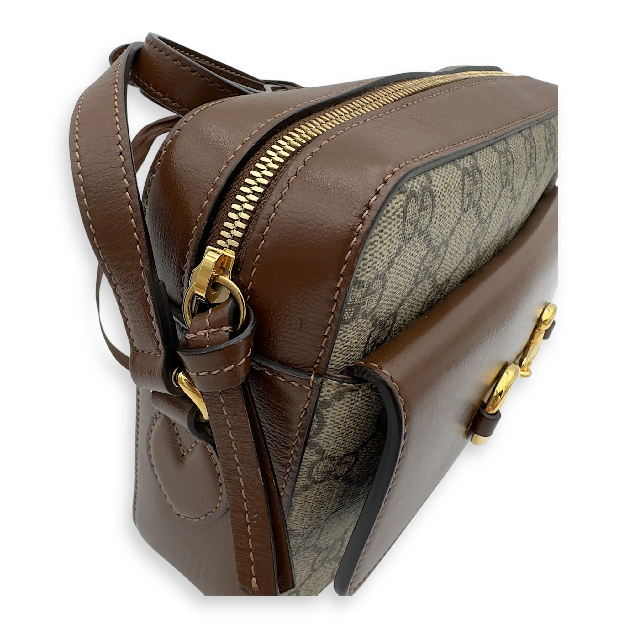 Horsebit 1955 Crossbody Bag Grey in Coated Canvas, Gold hardware