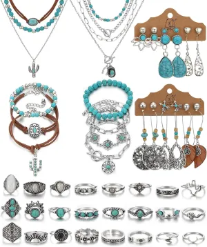 IFKM Bohemian Jewelry Set With Turquoise Necklace, Dangle Earrings, Stackable Bangle Bracelets, Knuckle Rings For Women Vintage Western Boho Turquoise Anniversary Birthday Friendship Gift