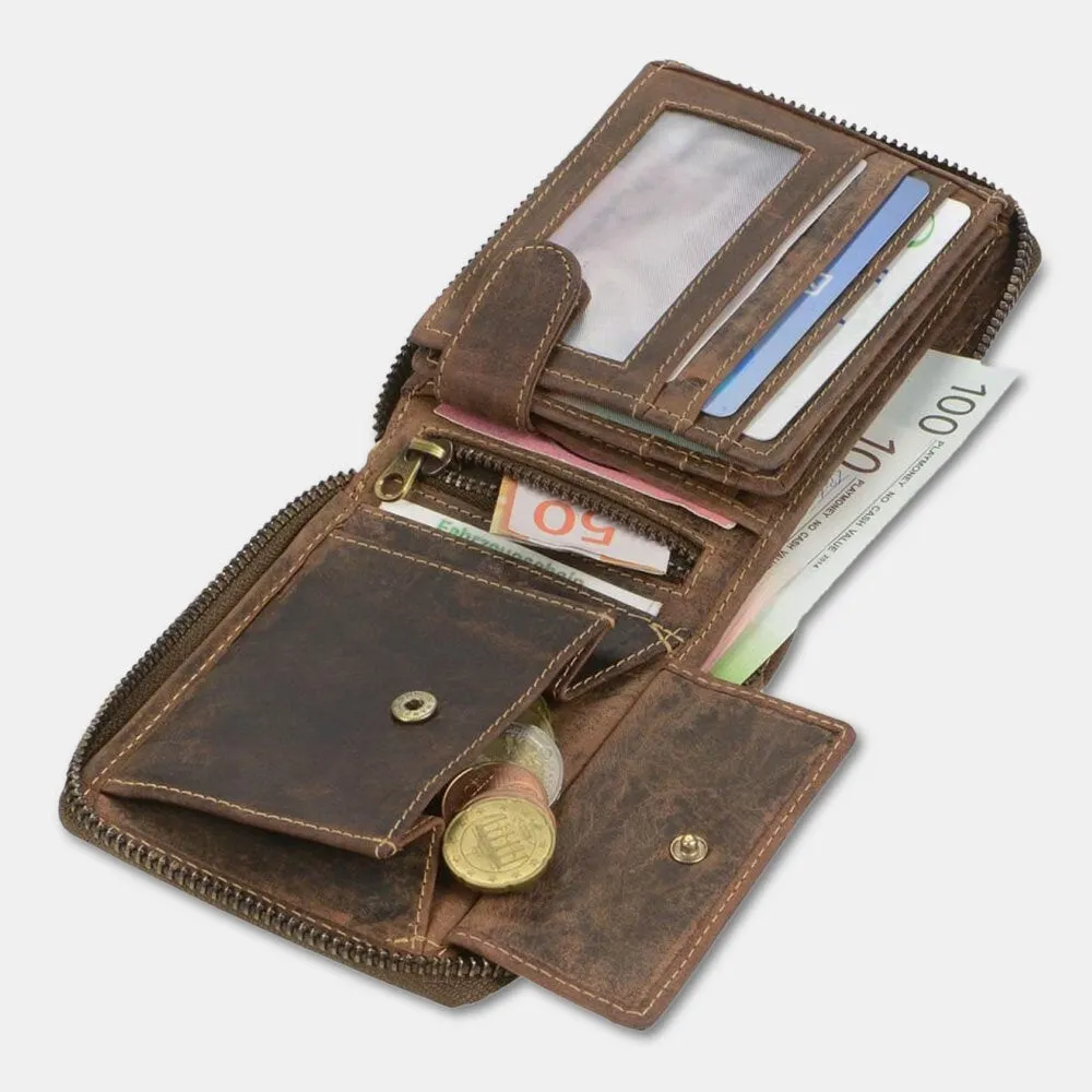 Men Genuine Leather 8 Card Slots Holder Bifold Short Retro Driver License Wallets Money Clip Coin Purse