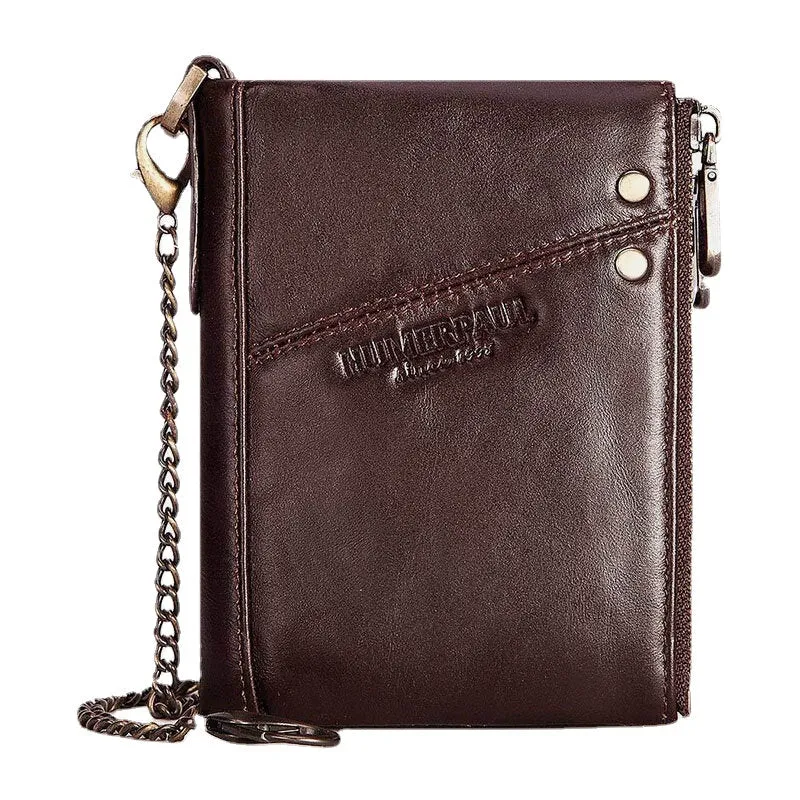 Men RFID Bifold Wallets Multifunctional First Layer Cowhide Anti-theft Brush Double Zipper Card Holder Money Clip Coin Purse