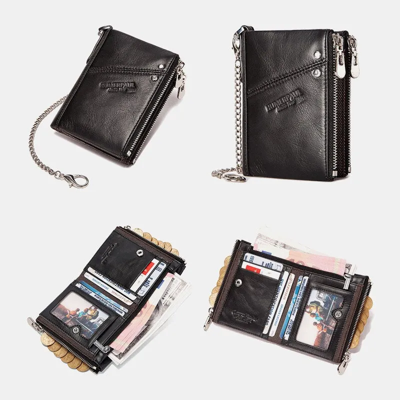 Men RFID Bifold Wallets Multifunctional First Layer Cowhide Anti-theft Brush Double Zipper Card Holder Money Clip Coin Purse