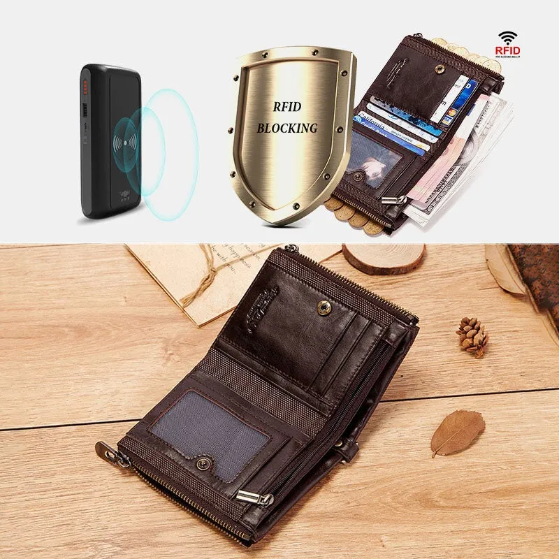 Men RFID Bifold Wallets Multifunctional First Layer Cowhide Anti-theft Brush Double Zipper Card Holder Money Clip Coin Purse