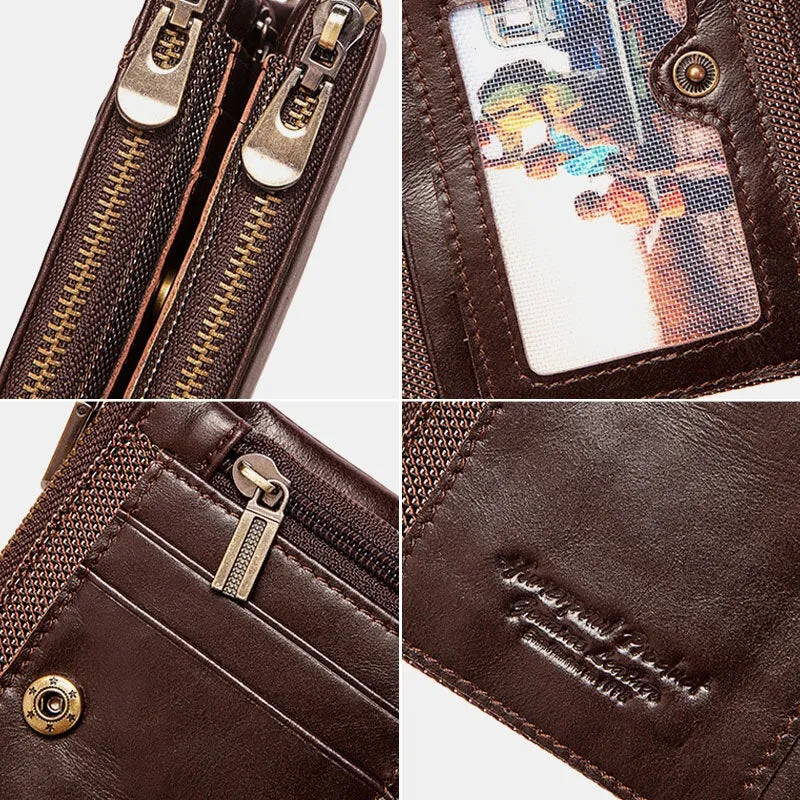 Men RFID Bifold Wallets Multifunctional First Layer Cowhide Anti-theft Brush Double Zipper Card Holder Money Clip Coin Purse