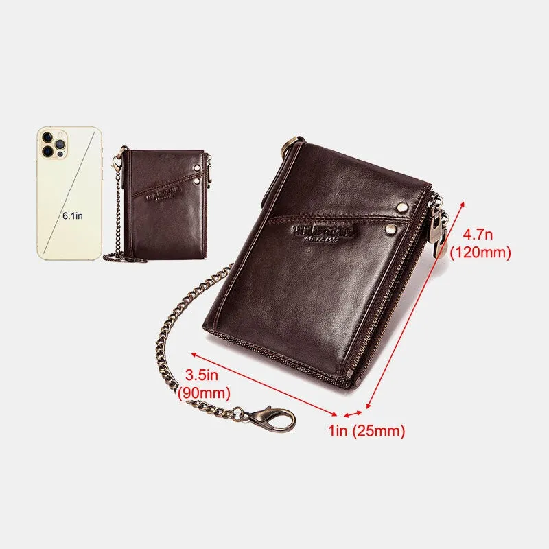 Men RFID Bifold Wallets Multifunctional First Layer Cowhide Anti-theft Brush Double Zipper Card Holder Money Clip Coin Purse
