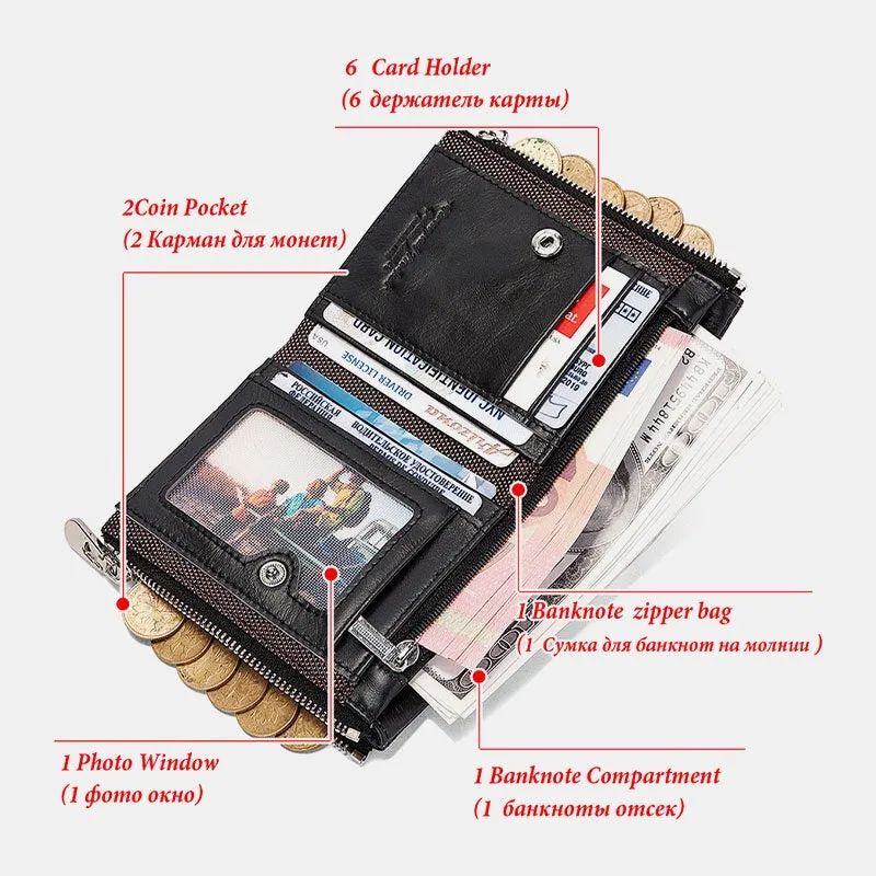 Men RFID Bifold Wallets Multifunctional First Layer Cowhide Anti-theft Brush Double Zipper Card Holder Money Clip Coin Purse