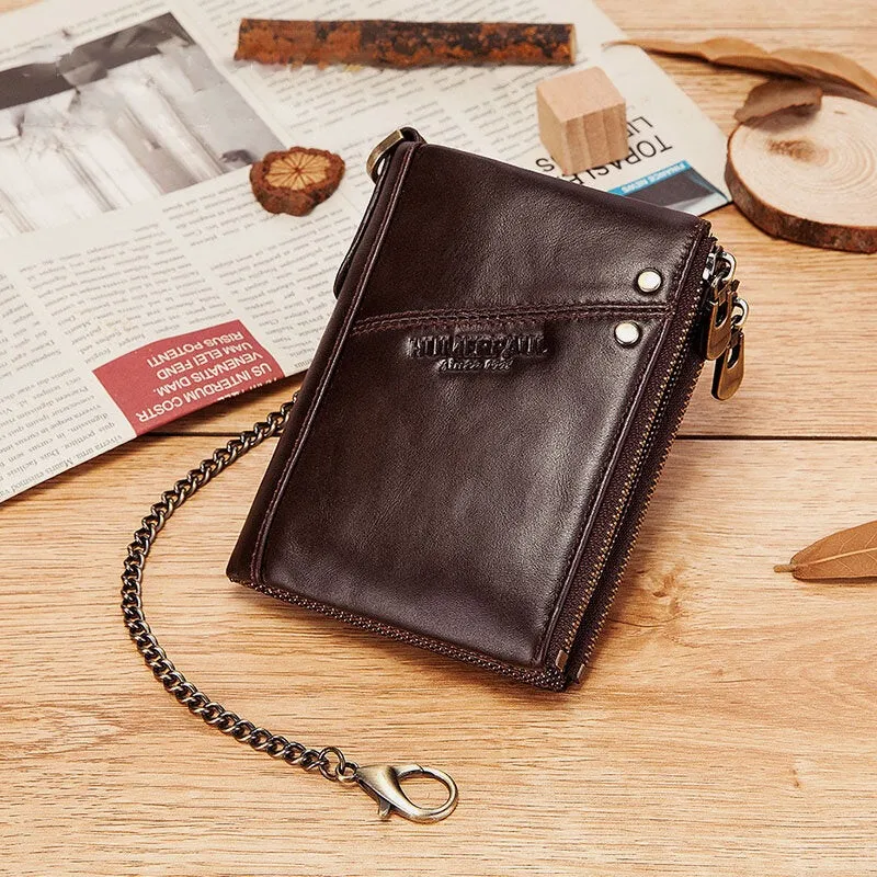 Men RFID Bifold Wallets Multifunctional First Layer Cowhide Anti-theft Brush Double Zipper Card Holder Money Clip Coin Purse