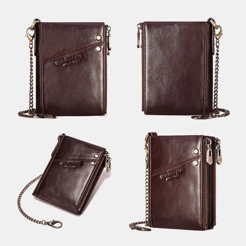 Men RFID Bifold Wallets Multifunctional First Layer Cowhide Anti-theft Brush Double Zipper Card Holder Money Clip Coin Purse