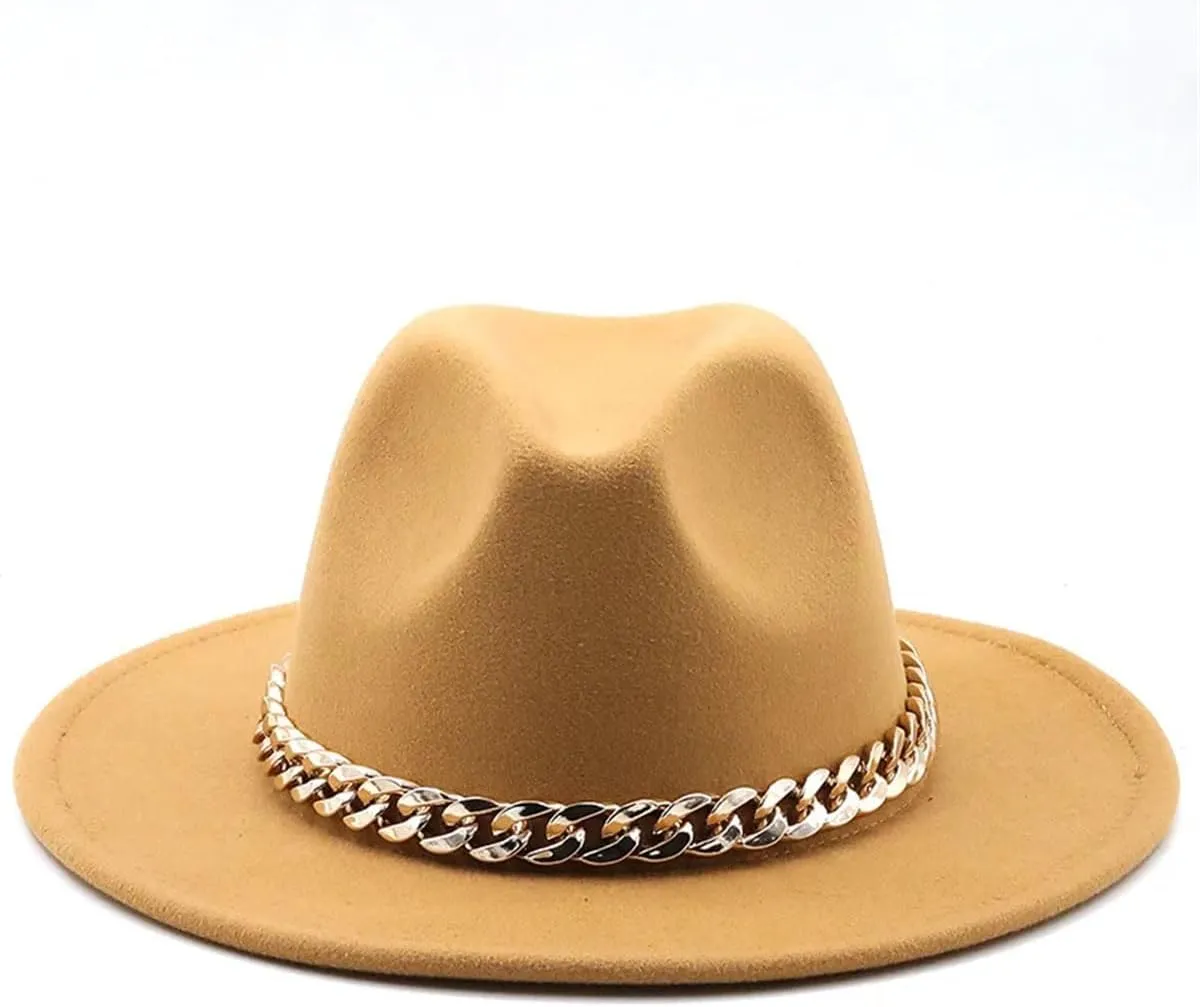 Men's Vintage Wide Brim Fedora Hat for Men Women Gold Chain Band Felted Hats Panama Jazz Cap
