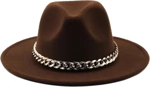Men's Vintage Wide Brim Fedora Hat for Men Women Gold Chain Band Felted Hats Panama Jazz Cap