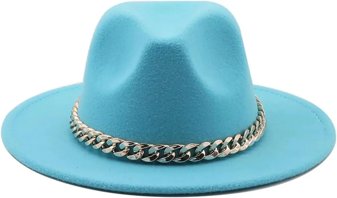 Men's Vintage Wide Brim Fedora Hat for Men Women Gold Chain Band Felted Hats Panama Jazz Cap