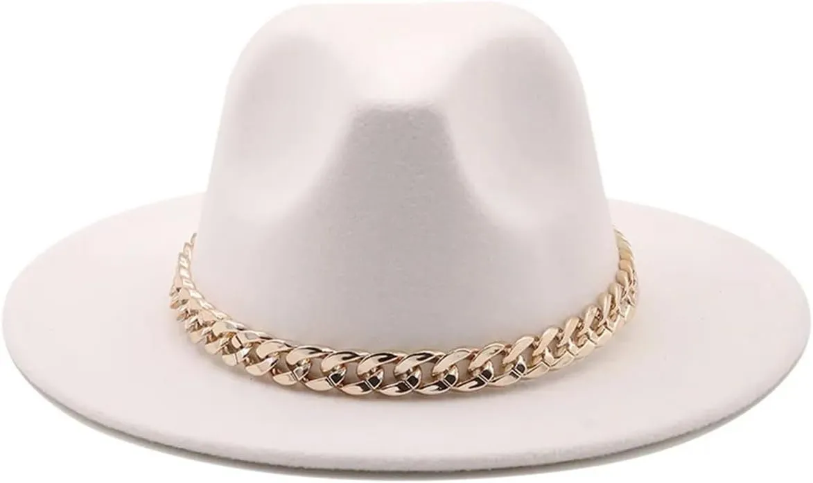 Men's Vintage Wide Brim Fedora Hat for Men Women Gold Chain Band Felted Hats Panama Jazz Cap