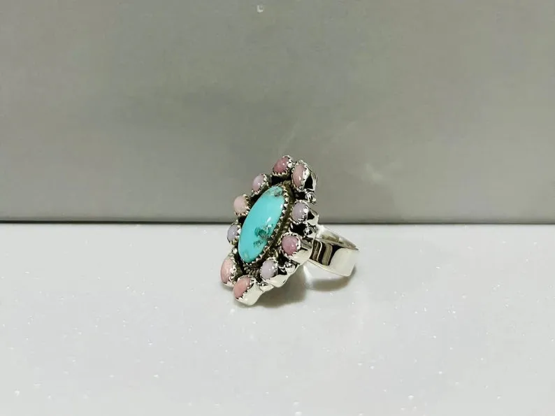 Native American Turquoise And Pink Opal Cluster Rings - 925 Sterling Silver Handmade Vintage Rings
