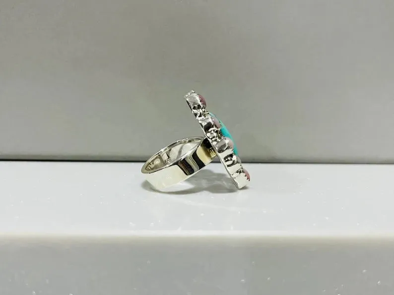 Native American Turquoise And Pink Opal Cluster Rings - 925 Sterling Silver Handmade Vintage Rings