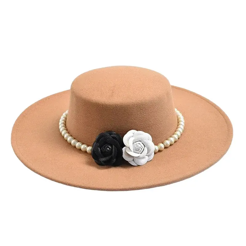 Pearls & Roses Wide Brim Cotton Boater Hat