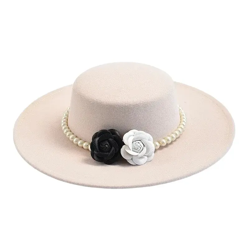 Pearls & Roses Wide Brim Cotton Boater Hat