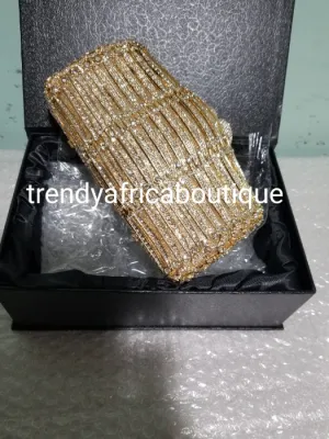Quality evening hand clutch. Crystal Clutch/purse. All over dazzling crystal stones. All over Gold crystal stones