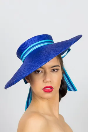 RACHAEL: Wide Brimmed Upturned Blue Boater